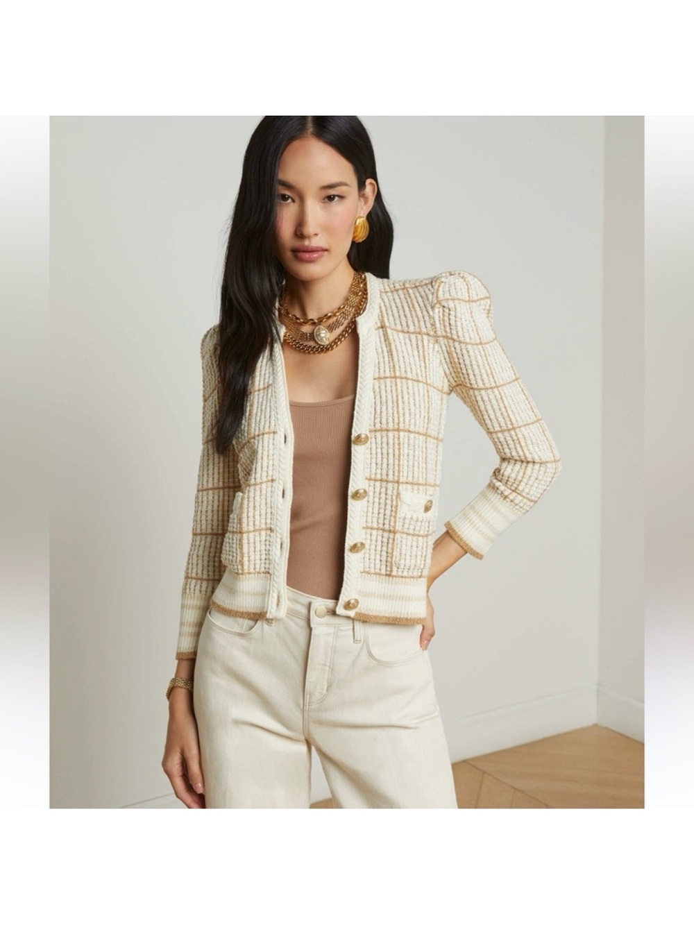 L'Agence Women's Jenni Cardigan Three Quarter Sleeve Gold Ivory Cappuccino